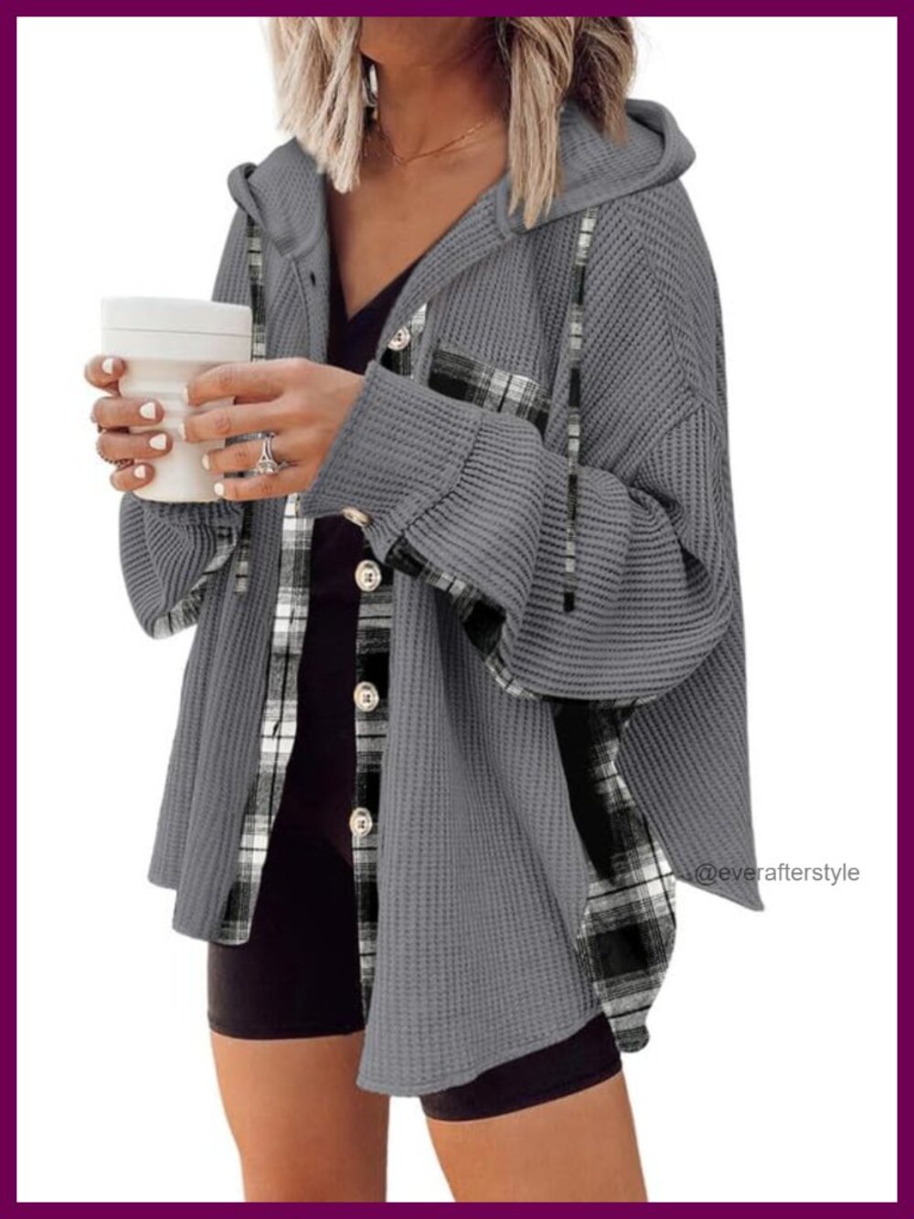 Waffle Knit Plaid Shacket Hooded Button Down Shirt Jacket Loose Fit